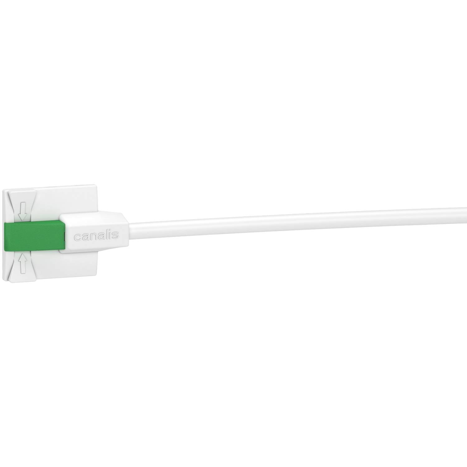 Connecteur électrique blanc avec des éléments verts et l'inscription 'canalis' fixé sur un long câble.