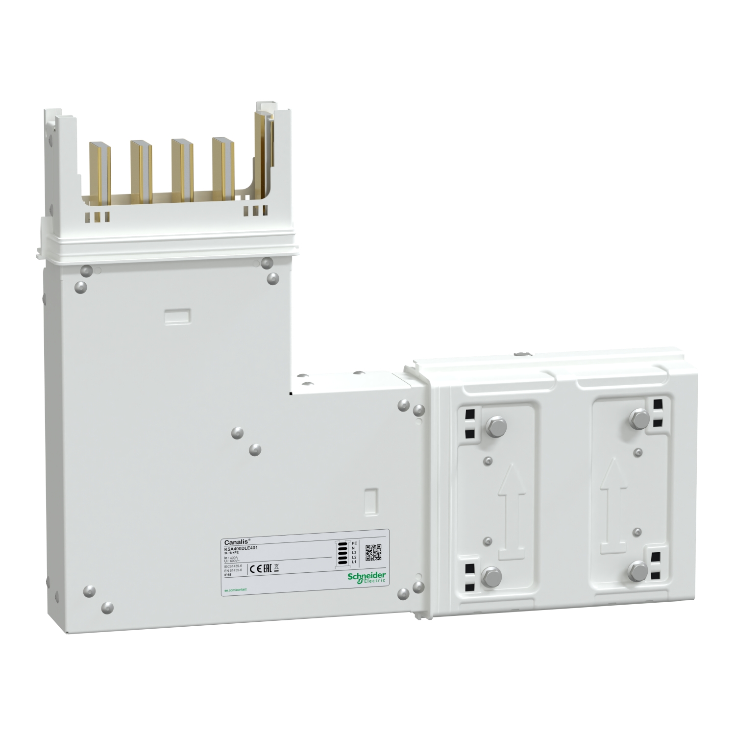Un dispositif électrique blanc avec plusieurs connecteurs verticaux en haut, probablement un module pour armoire électrique.