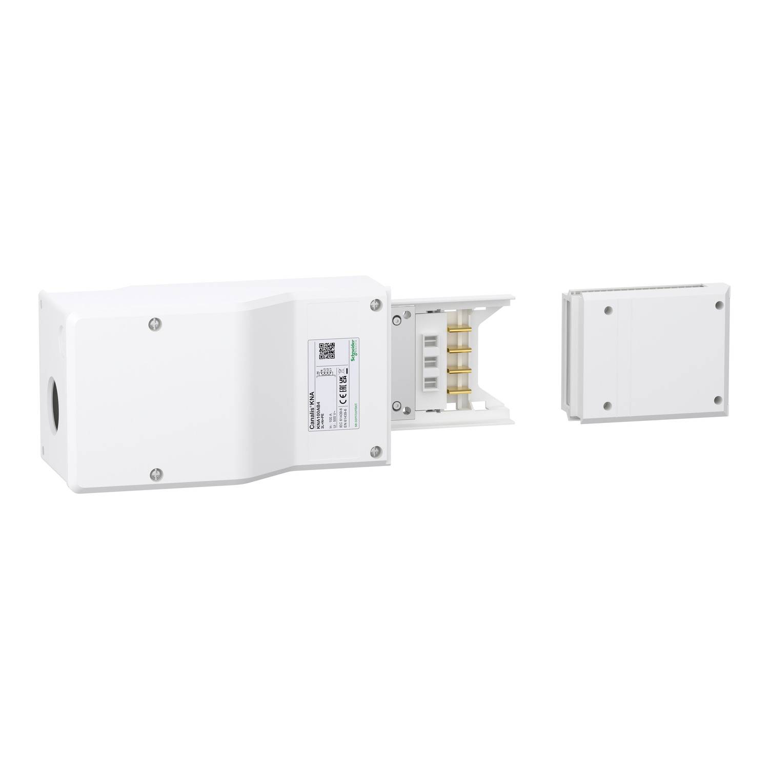 Un boîtier électrique blanc avec un couvercle amovible, montrant les connexions internes. Adapté aux applications industrielles.