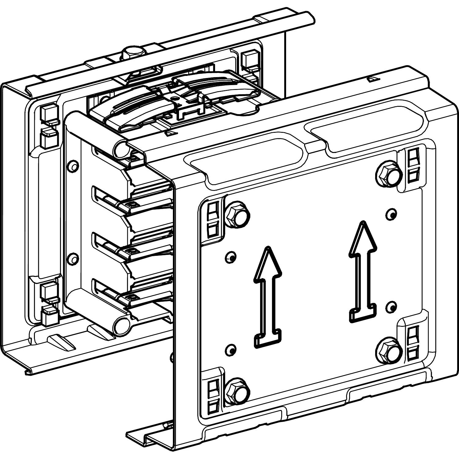 Dessin technique d'un support avec des flèches pointant vers le haut. Vis aux angles. Indications pour le montage ou l'alignement.