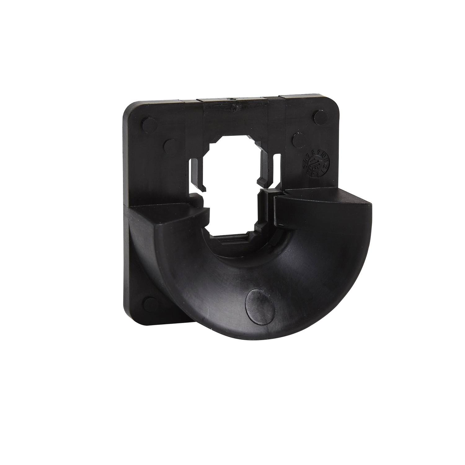 Support en plastique noir avec base carrée et ouverture semi-circulaire, adapté pour la fixation de câbles ou de tuyaux sur des surfaces.