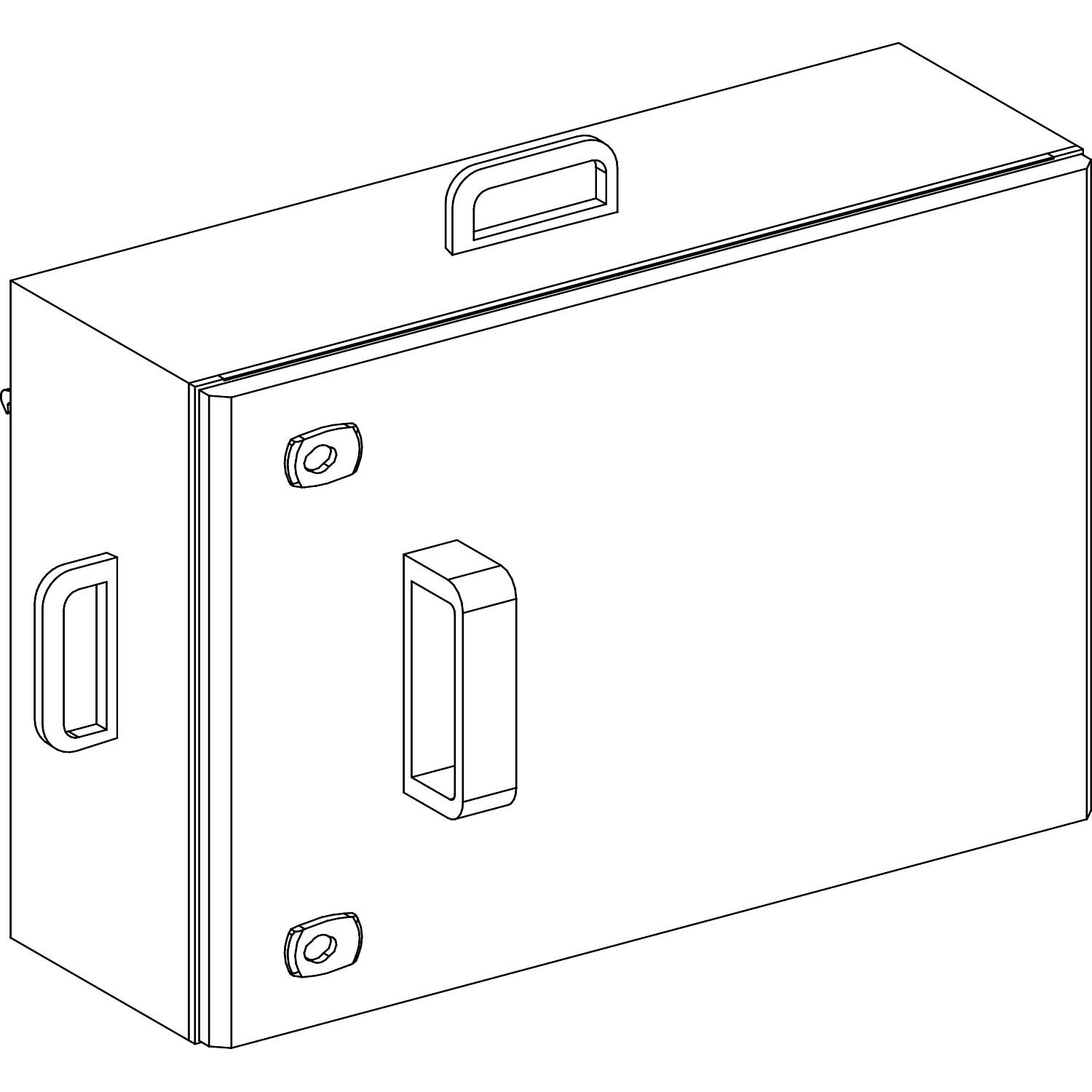 Un dessin technique d'un boîtier rectangulaire avec trois poignées et deux évacuations en forme de trou de serrure, représenté en perspective.
