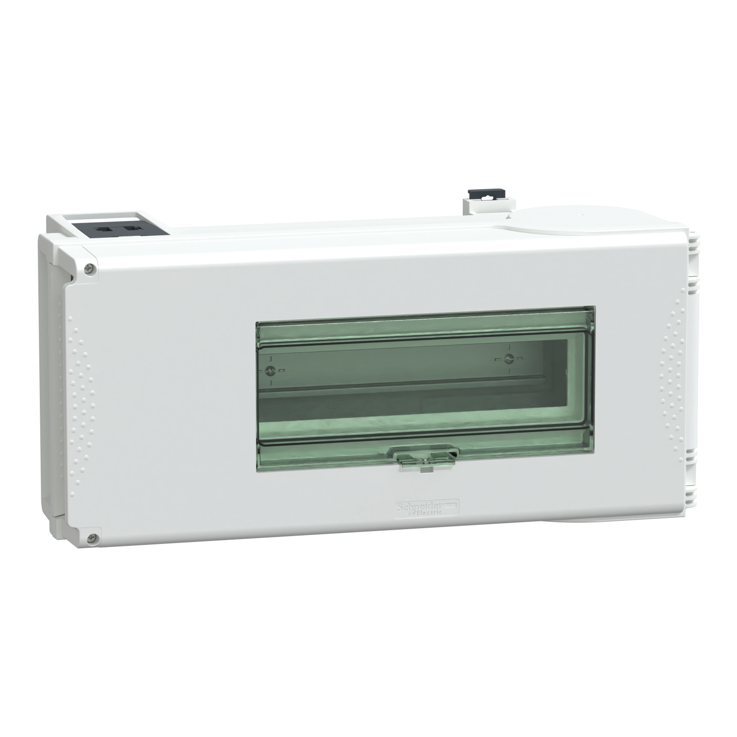 Boîtier électrique en plastique blanc avec une fenêtre transparente centrale permettant l'accès aux interrupteurs électriques.