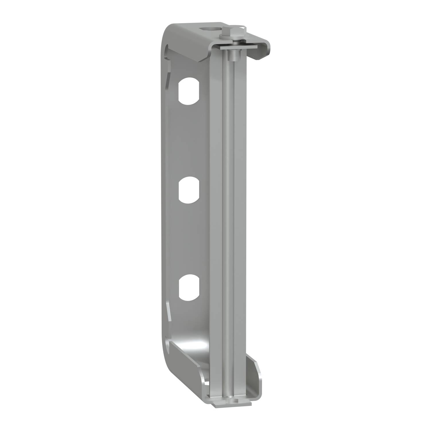 Support de fixation métallique avec des trous de montage. Forme verticale, ouvert sur le côté, adapté pour une installation murale ou des applications similaires.