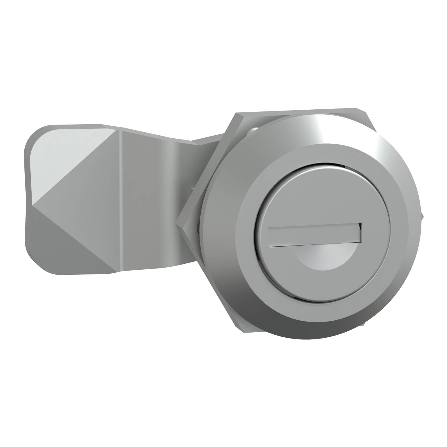 Serrure métallique logée dans un support métallique ; présente un mécanisme de fermeture circulaire. Adaptée aux portes d'armoires ou de petits coffres-forts.