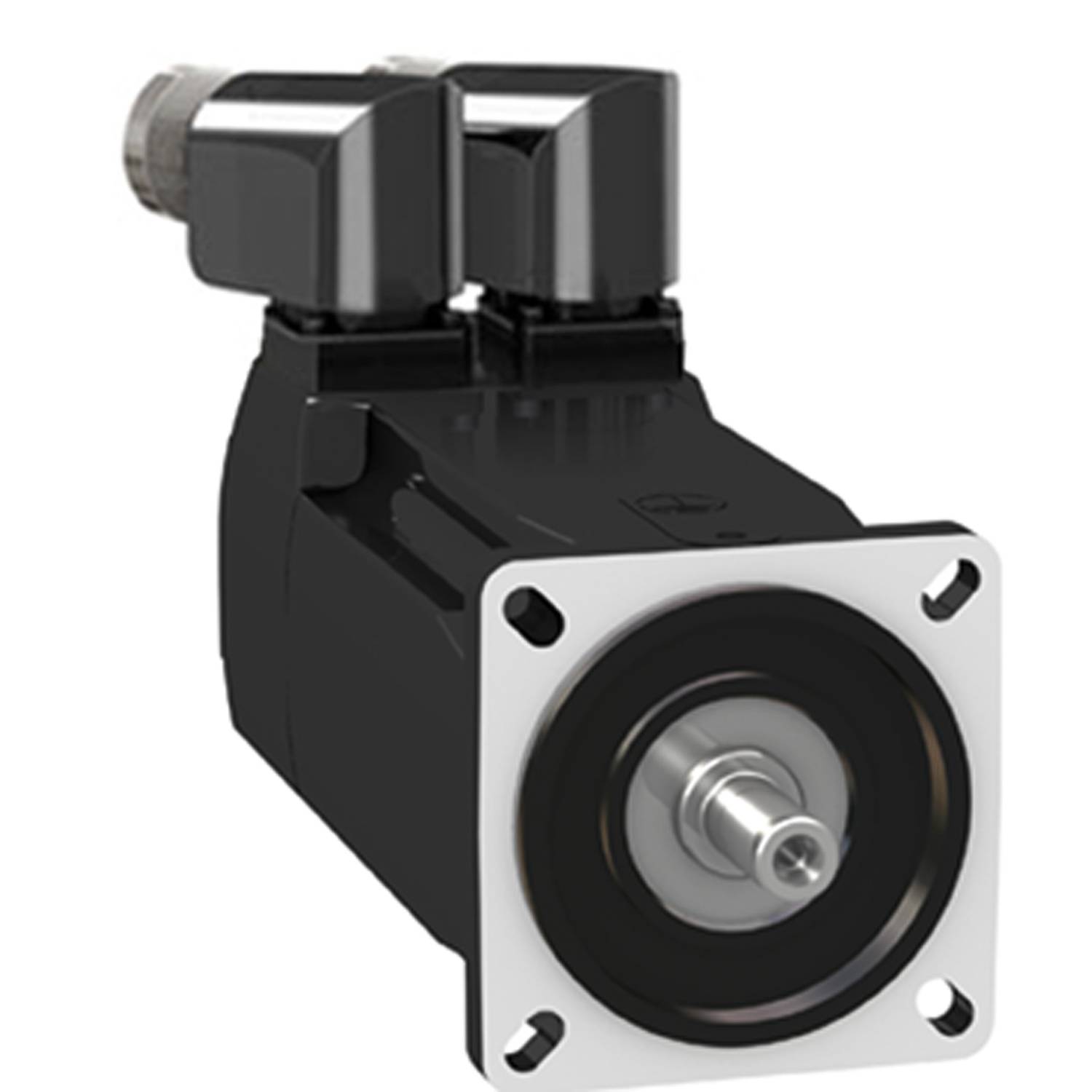 Servomoteur industriel, noir avec une plaque de montage carrée et deux connexions électriques en haut. Adapté pour un contrôle de mouvement précis.