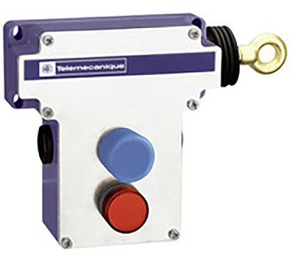 Interrupteur industriel à câble avec bouton bleu et rouge, boîtier rectangulaire, œillet de montage à droite pour connexion de câble, logo 'Telemecanique' en haut.