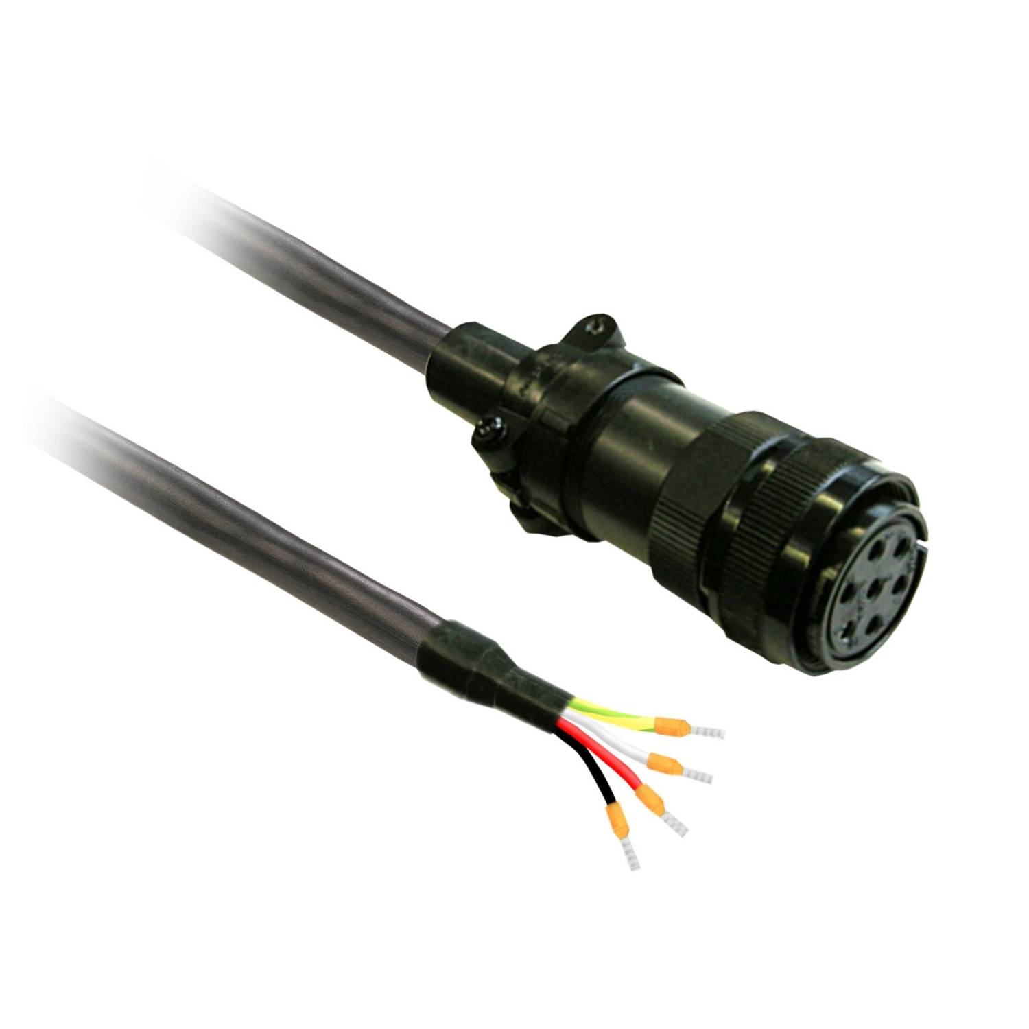 Un connecteur de câble noir multifilaire est représenté, avec six fils de couleurs différentes dénudés à son extrémité.