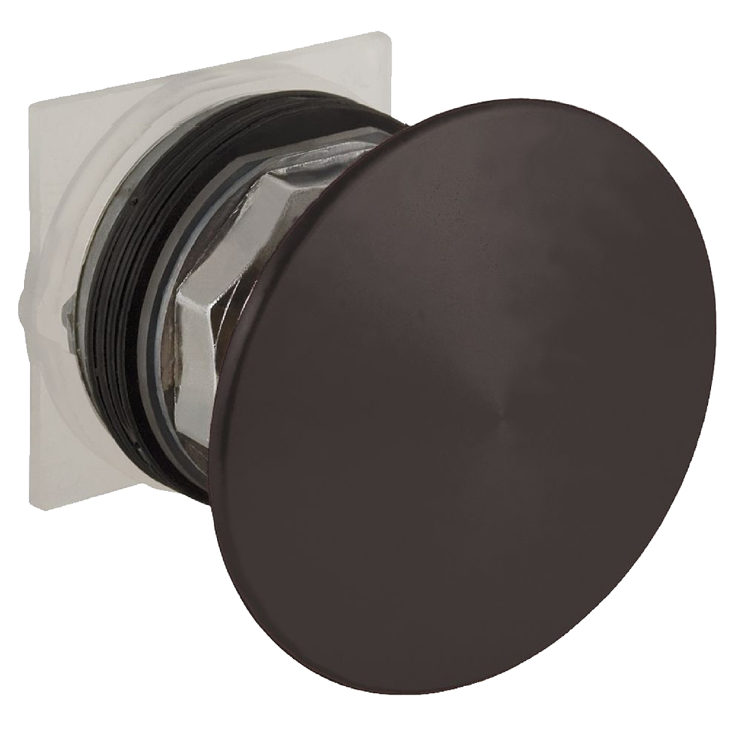 Un bouton rotatif rond de couleur brun foncé, monté sur un socle argenté, devant un fond blanc.