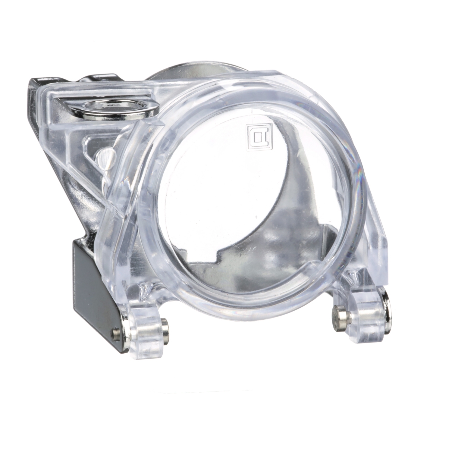 Un couvercle de protection transparent et rond en plastique, monté sur une base gris-noir, avec des charnières.