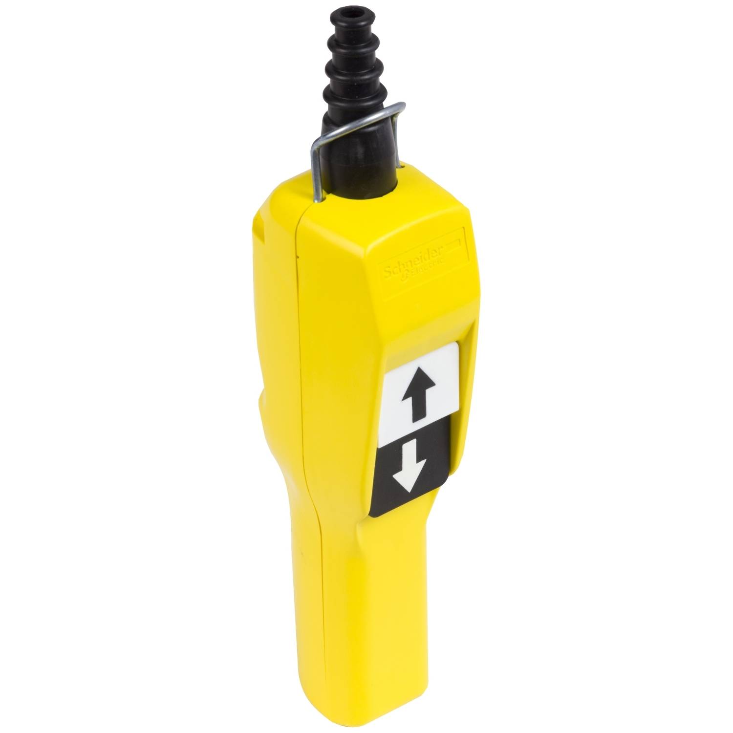 Télécommande jaune tenue à la main avec deux touches fléchées pour les mouvements vers le haut et vers le bas. Dos ventilé pour la connexion des câbles.