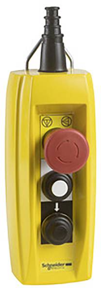 Un dispositif de commande manuelle jaune avec trois boutons : en haut un bouton d'arrêt d'urgence rouge, au milieu un bouton-poussoir directionnel, en bas un bouton noir.