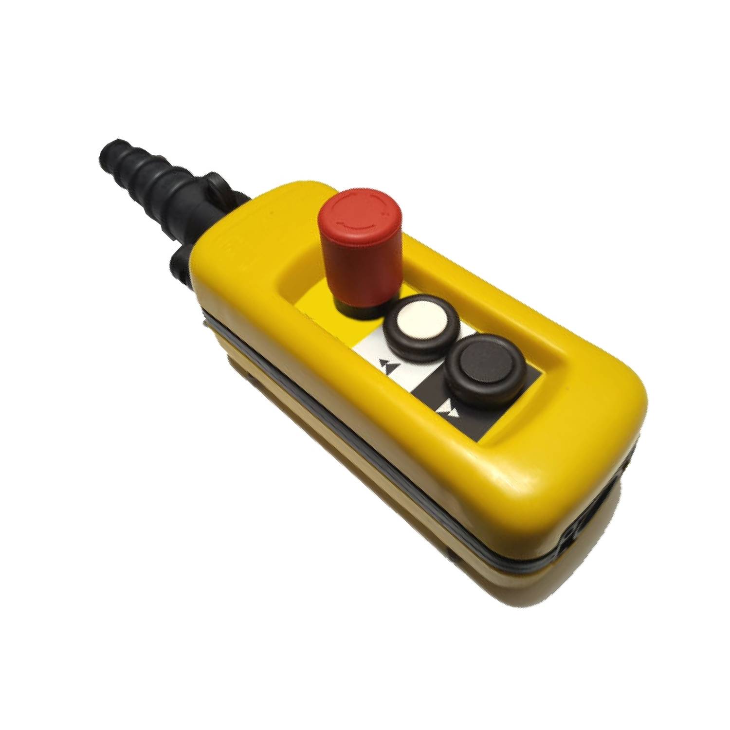 Un dispositif de commande jaune avec un bouton d'arrêt d'urgence rouge et deux boutons noirs pointant vers le haut et vers le bas, sur un fond blanc.