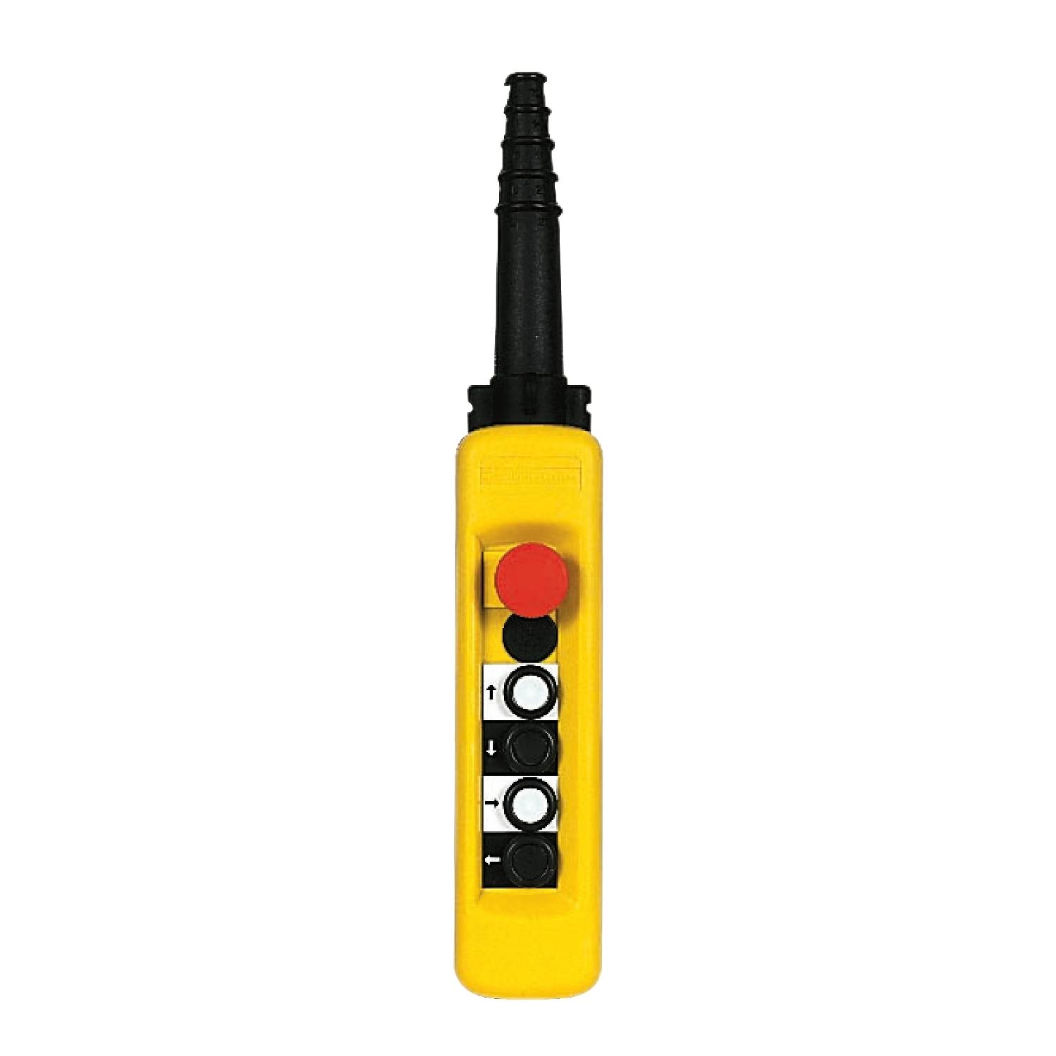 Boîte de commande jaune avec bouton d'arrêt d'urgence rouge et quatre boutons-poussoirs noirs, utilisée pour le contrôle de machines ou d'équipements.