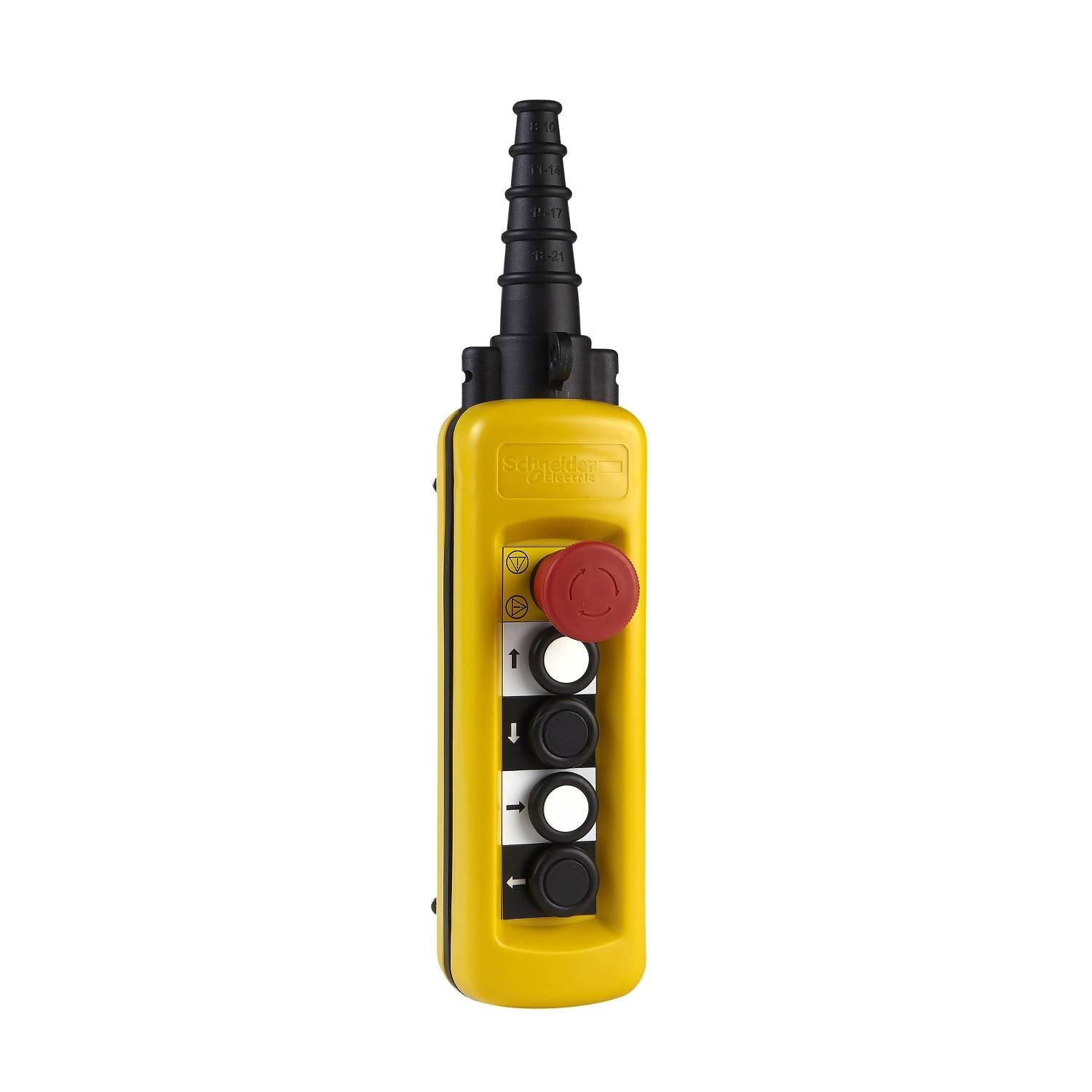 Panneau de commande jaune avec quatre boutons noirs et blancs circulaires, ainsi qu'un grand bouton rouge en haut pour la fonction d'arrêt d'urgence.