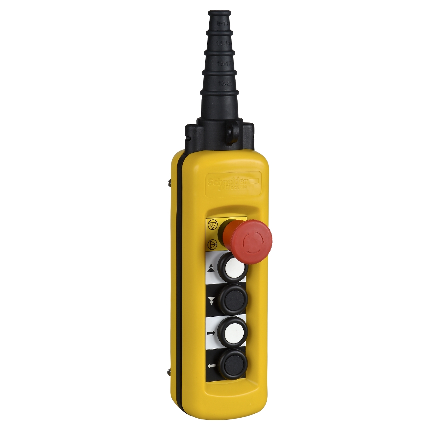Un dispositif de commande manuelle jaune avec un bouton d'arrêt d'urgence rouge et trois touches noires. Appareil utilisé pour le contrôle de machines ou d'ascenseurs.