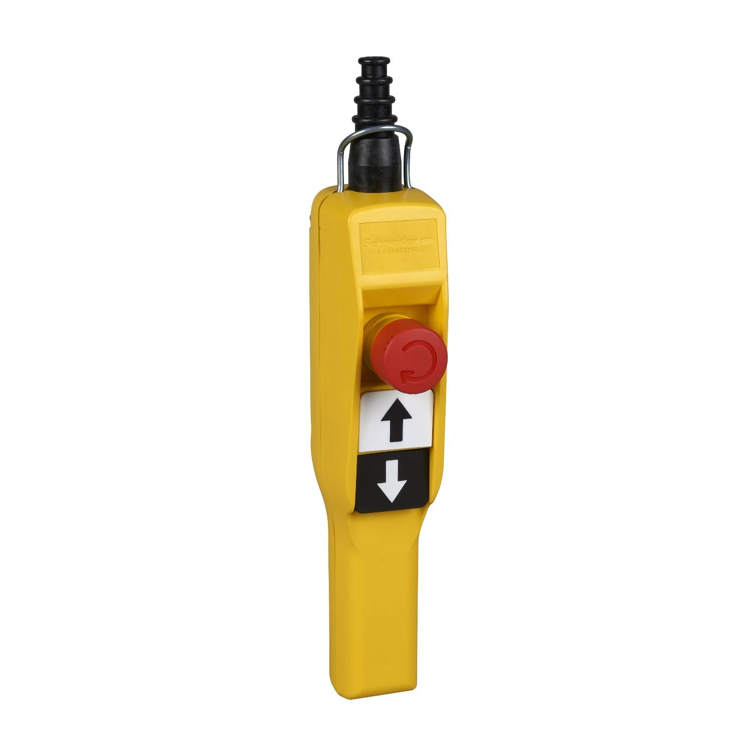 Dispositif de commande manuelle jaune avec bouton d'arrêt d'urgence rouge et touches fléchées noires pour les mouvements verticaux.