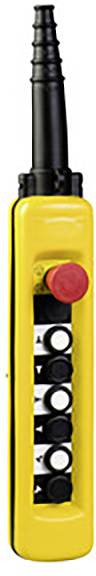Télécommande jaune avec six touches noires et un bouton d'arrêt d'urgence rouge en haut, utilisée pour commander des machines.