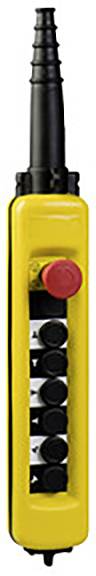Panneau jaune avec bouton d'arrêt d'urgence rouge et six interrupteurs noirs, adapté pour la commande de machine.