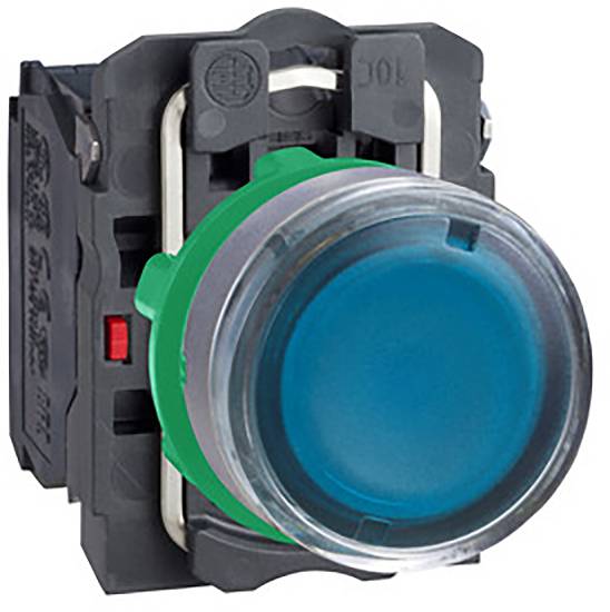 Bouton-poussoir bleu et rond sur un dispositif de commande noir, adapté aux applications industrielles pour le contrôle de machines.