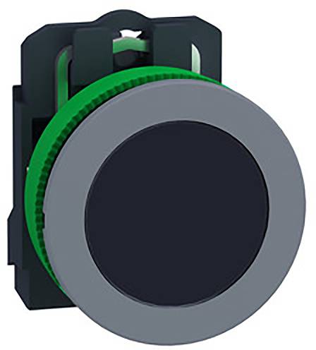 Bouton rond, grand, noir avec un anneau vert et une base noire, probablement un interrupteur ou un élément de commande.