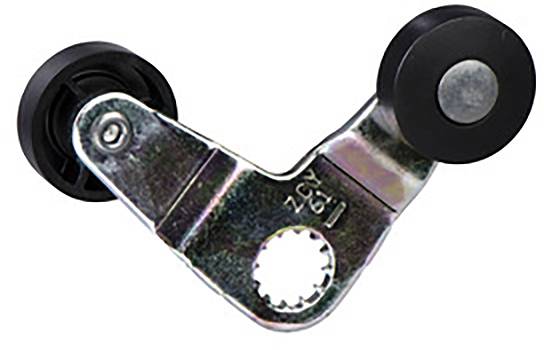 Garniture métallique avec deux roulettes en plastique noir, utilisée comme roulette de porte coulissante.