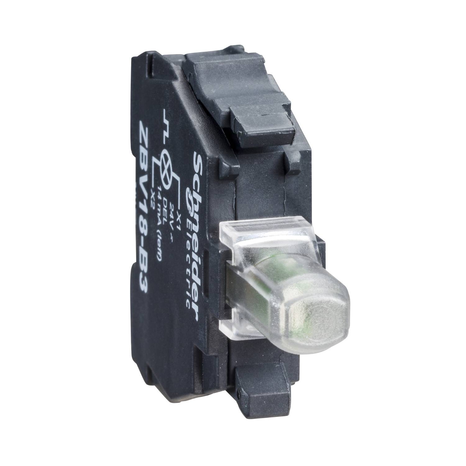 Interrupteur électrique noir et blanc portant l'inscription 'Schneider Electric ZBV6-B3', montrant un insert cylindrique vert.