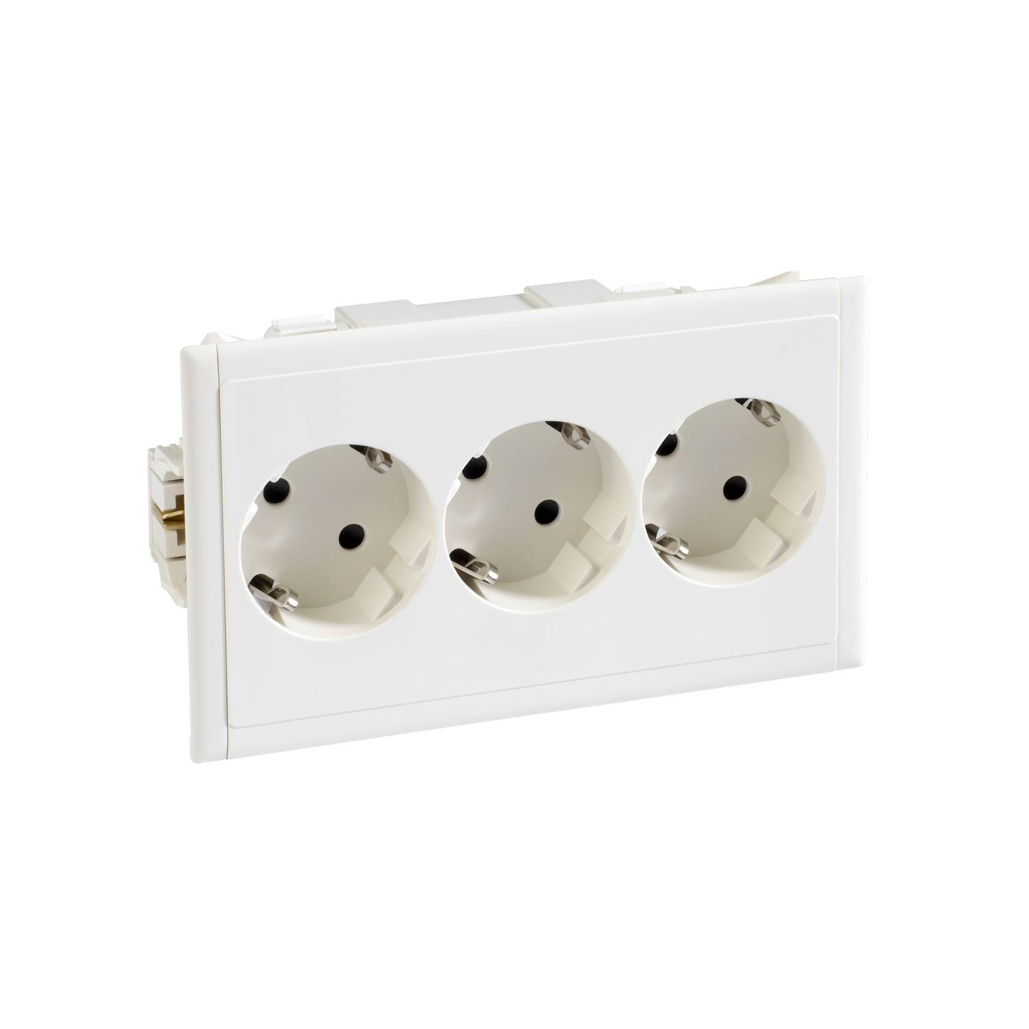 Trois prises électriques blanches alignées sur une plaque rectangulaire, prévues pour être encastrées dans un mur.