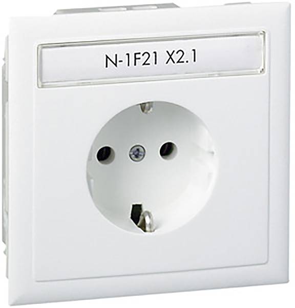 Prise électrique blanche sur le mur, portant l'étiquette 'N-1F21 X2.1' au-dessus de la prise.