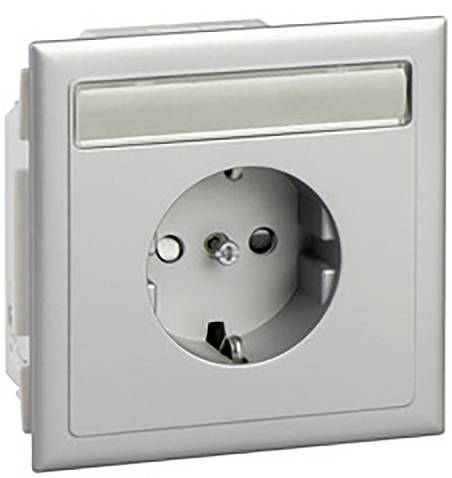 Prise électrique argentée avec terre et cadre rectangulaire ; adaptée aux fiches électriques européennes.