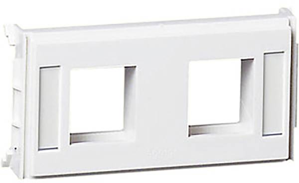 Un support en plastique blanc avec deux découpes rectangulaires destinées à accueillir des modules ou des connexions.