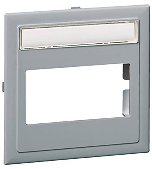 Un cache gris en plastique avec une découpe rectangulaire et une section transparente en haut.
