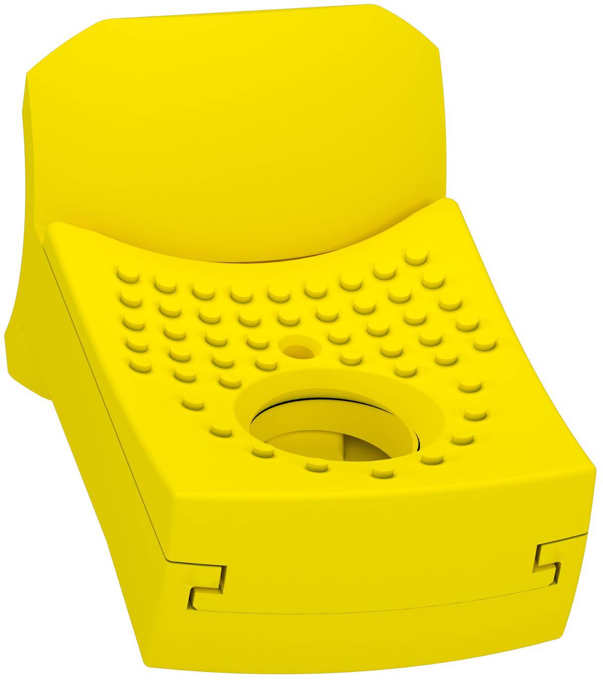 Élément technique Lego jaune servant de pièce mobile dans des constructions, avec des picots sur le dessus et une ouverture circulaire au centre.