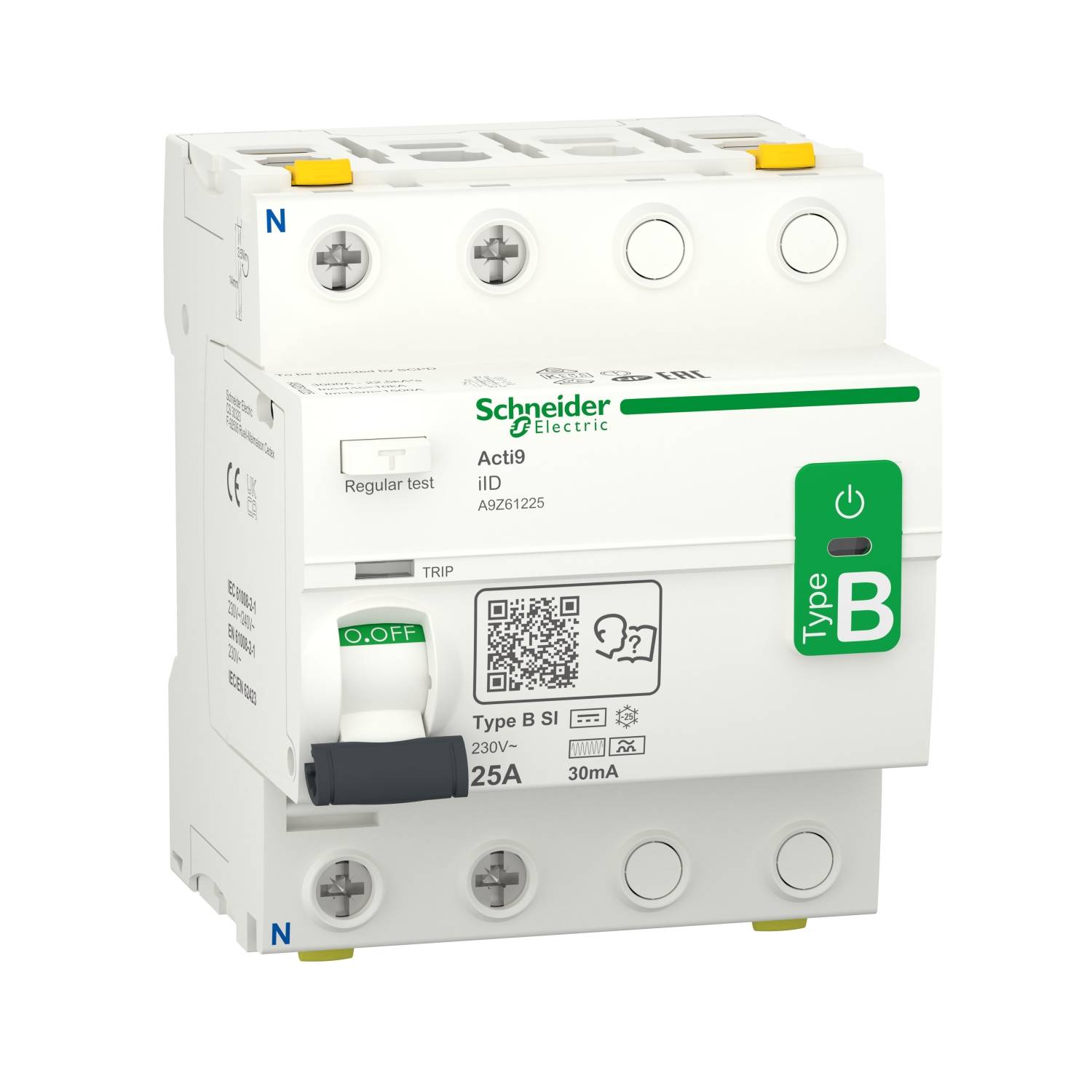 La figure présente un disjoncteur différentiel de Schneider Electric, de type B, avec un courant nominal de 25A et un courant de déclenchement de 30mA.