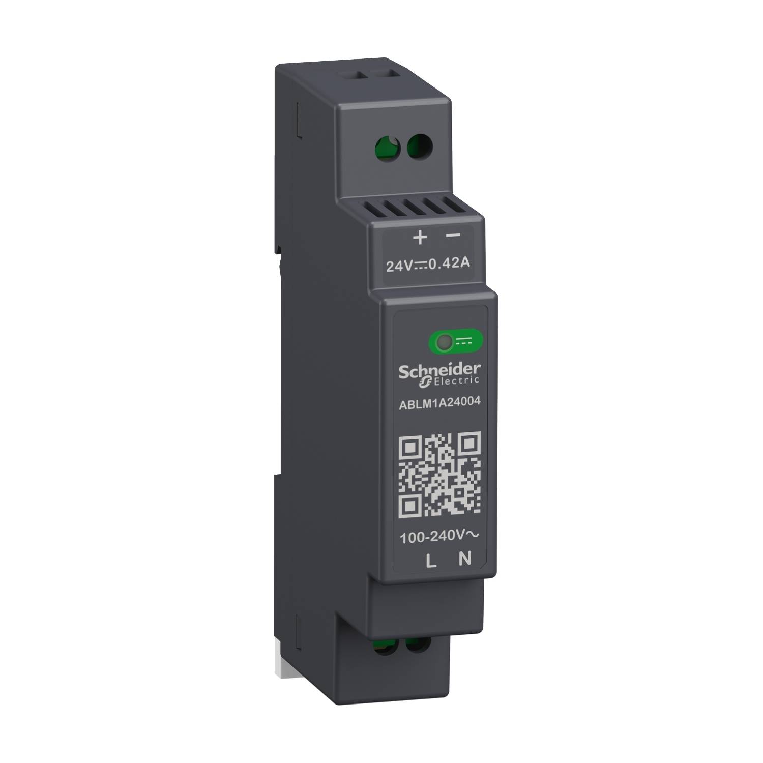 Appareil électrique noir avec indicateur LED vert de Schneider Electric, numéro de modèle ABLM1A24004. Connexions pour 100-240V~.