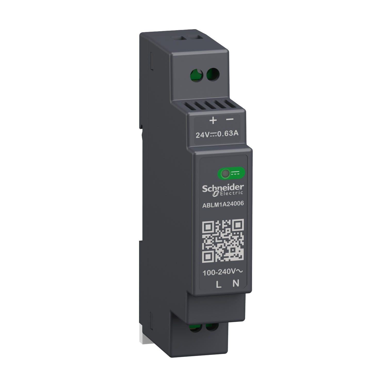 Un bloc d'alimentation de Schneider Electric référencé ABLM1A24006. Il fournit des sorties de tension de 24V à 0,63A.