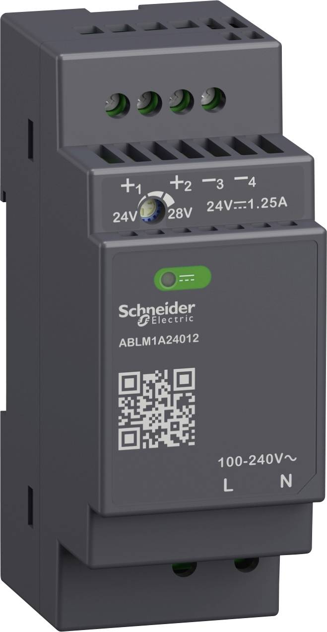 Un bloc d'alimentation gris de Schneider Electric, modèle 'ABLM1A24012', adapté pour une entrée de 100-240 V, avec une sortie de 24 V jusqu'à 1,25 A.