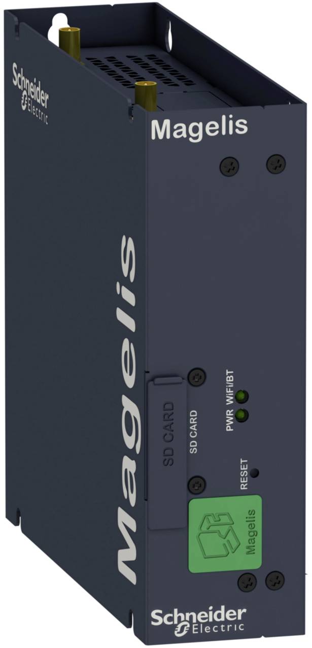 Un appareil électronique de Schneider Electric portant l'inscription 'Magelis', doté de lampes témoins et d'un logement pour carte SD.