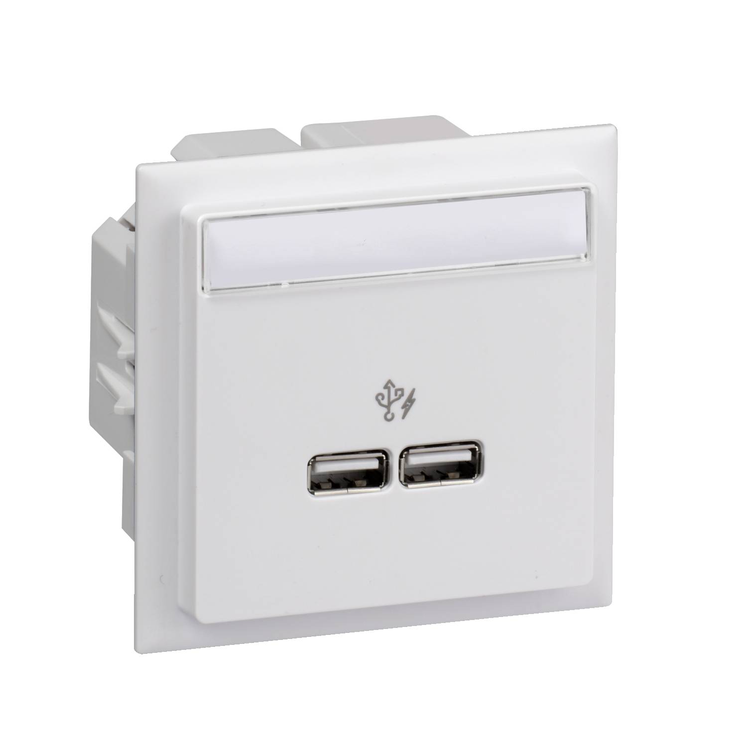 Prise USB blanche à deux ports USB, intégrée dans un support mural.