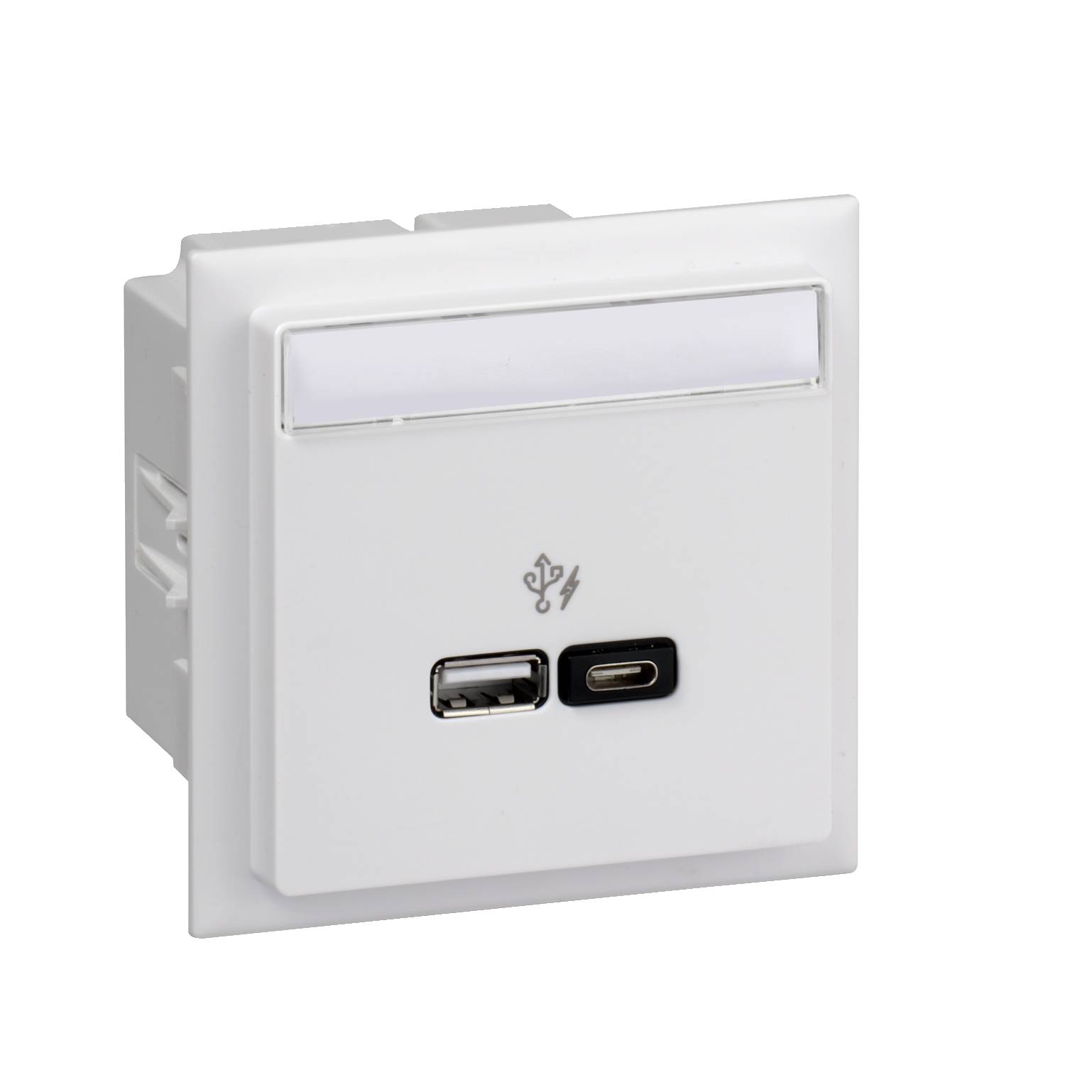 Prise électrique blanche avec ports USB-A et USB-C sur un mur blanc ; au-dessus, un petit cadre lumineux rectangulaire.