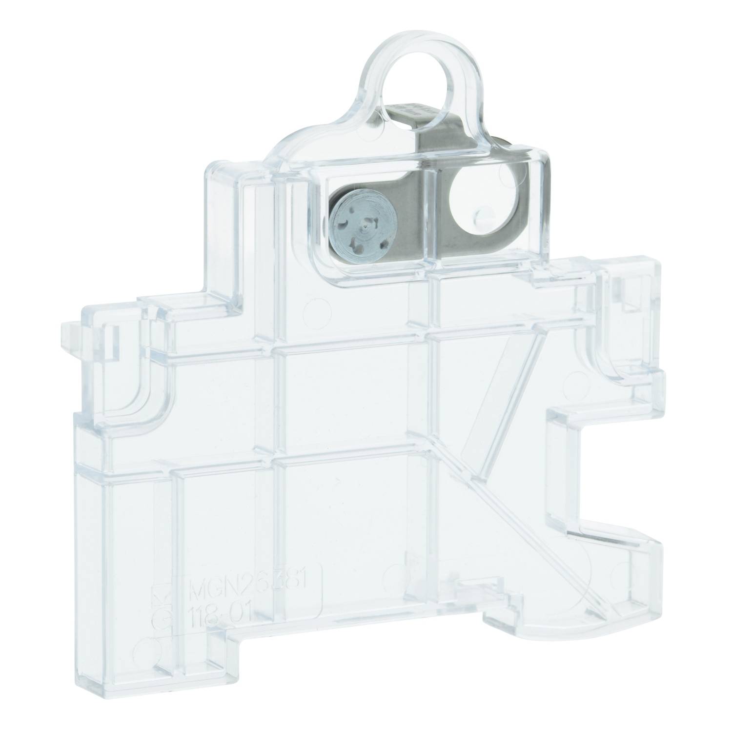 Élément en plastique transparent, avec un crochet en haut pour le montage, de forme rectangulaire avec des découpes sur les côtés.