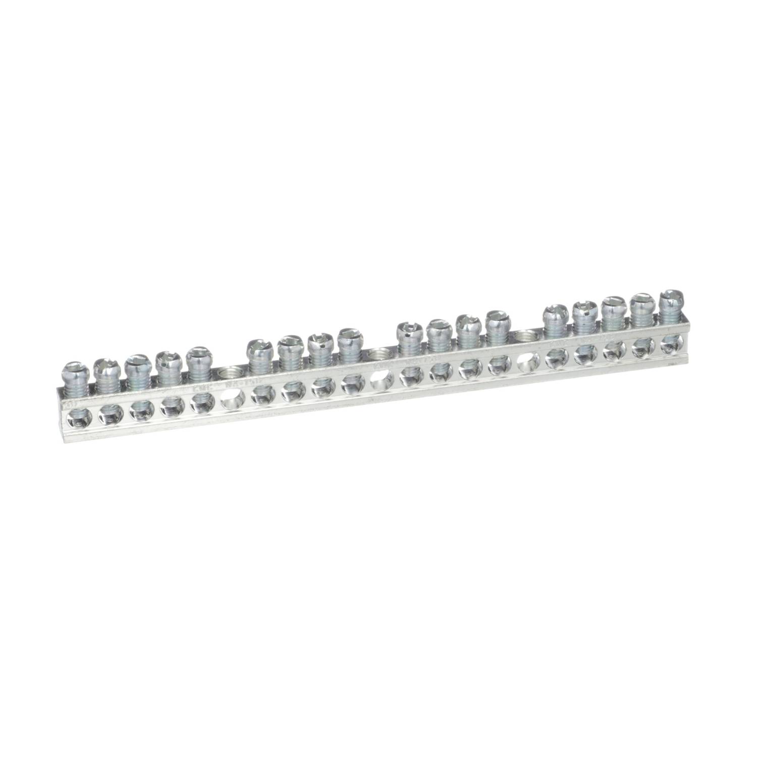Une barrette de connexion métallique grise avec plusieurs vis pour raccorder des fils dans un tableau électrique de distribution ou de commande.