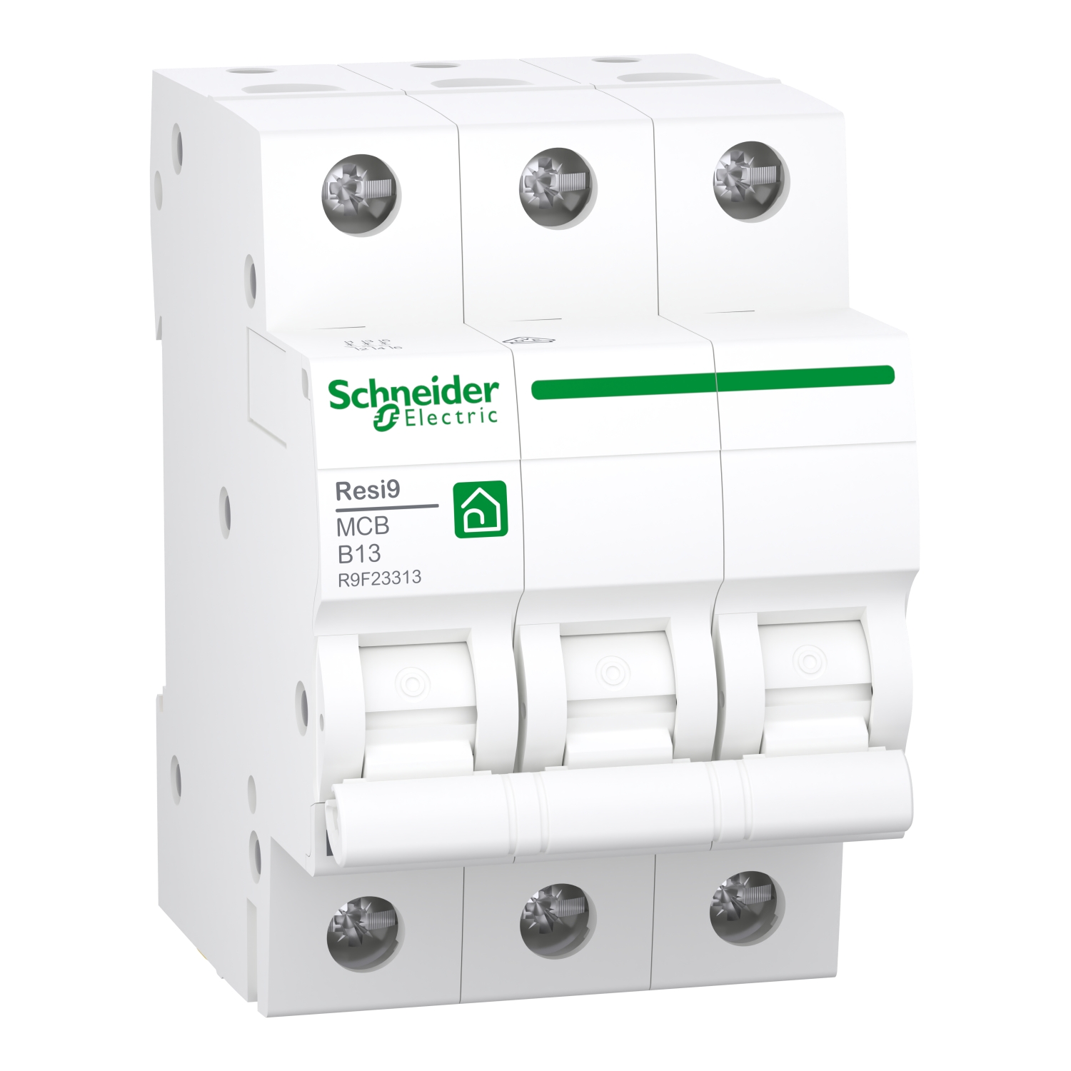 Un disjoncteur tétrapolaire Schneider Electric avec l'inscription 'Resi9, MCB B13'.