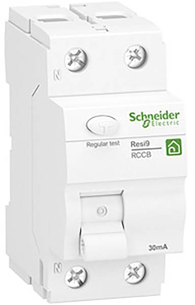 Un disjoncteur différentiel blanc de Schneider Electric portant l'inscription 'Test Régulier', 'Resi9 RCCB' et un symbole de maison.