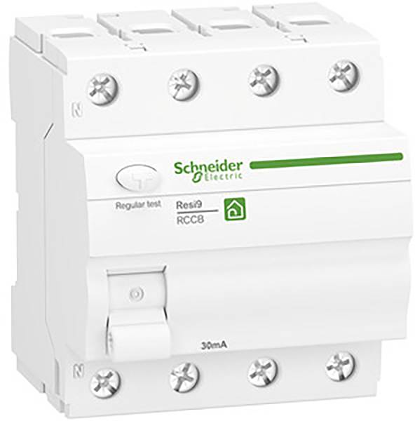 Un disjoncteur blanc de 'Schneider Electric' avec un marquage et un étiquetage verts, adapté pour une limitation de courant de 30 mA.
