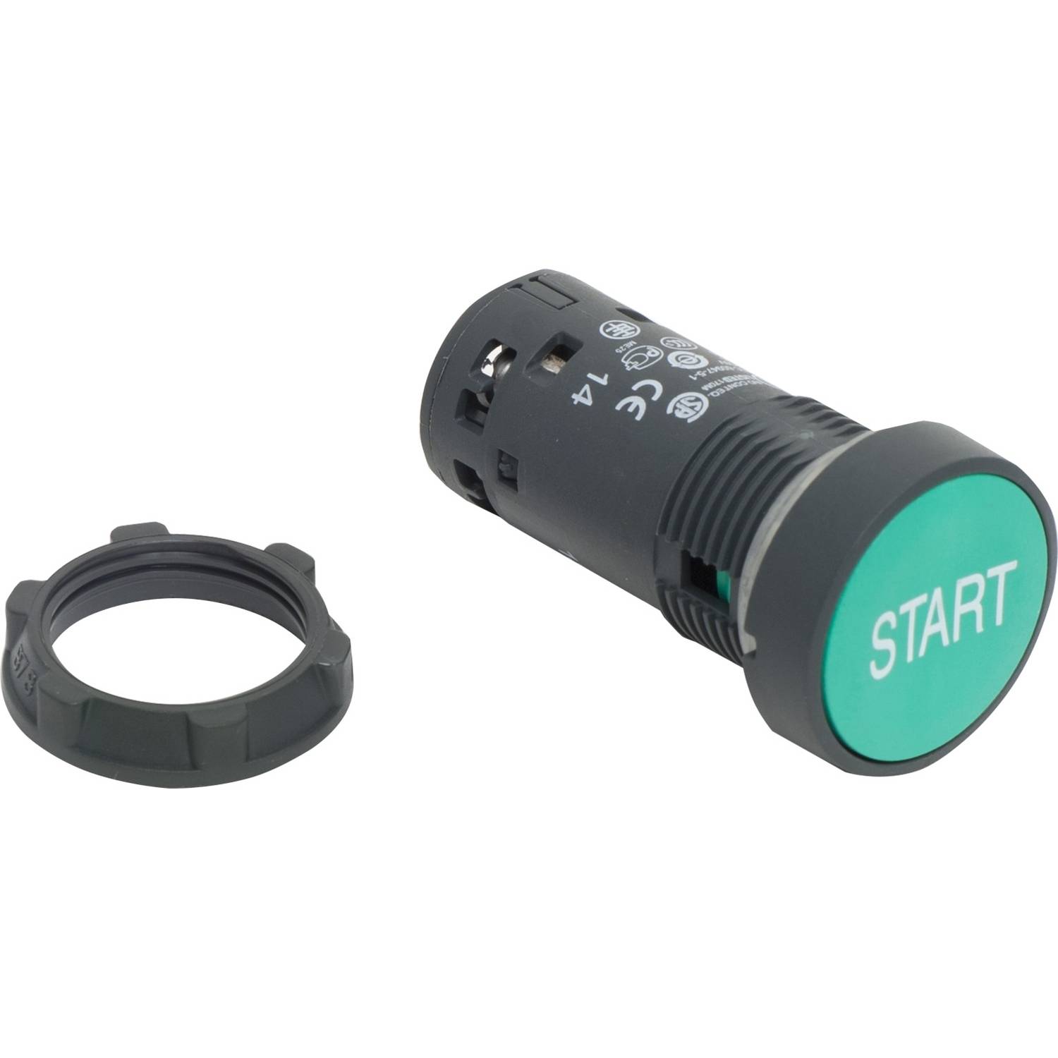 Bouton de démarrage vert avec l'inscription 'START', à côté d'un anneau de fixation noir.