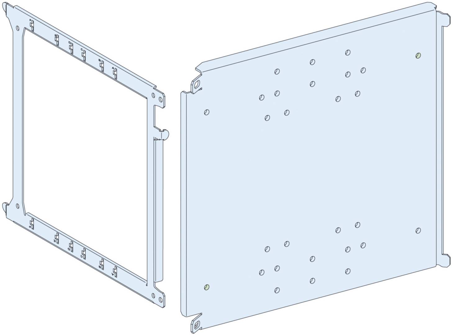 Dessin technique d'un cadre rectangulaire en métal avec des trous et des points de fixation. Il présente les pièces dans une vue éclatée.