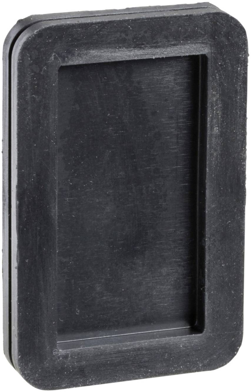 Objet rectangulaire noir en caoutchouc avec un bord surélevé. Utilisé comme couvercle ou protection pour des ouvertures rectangulaires.