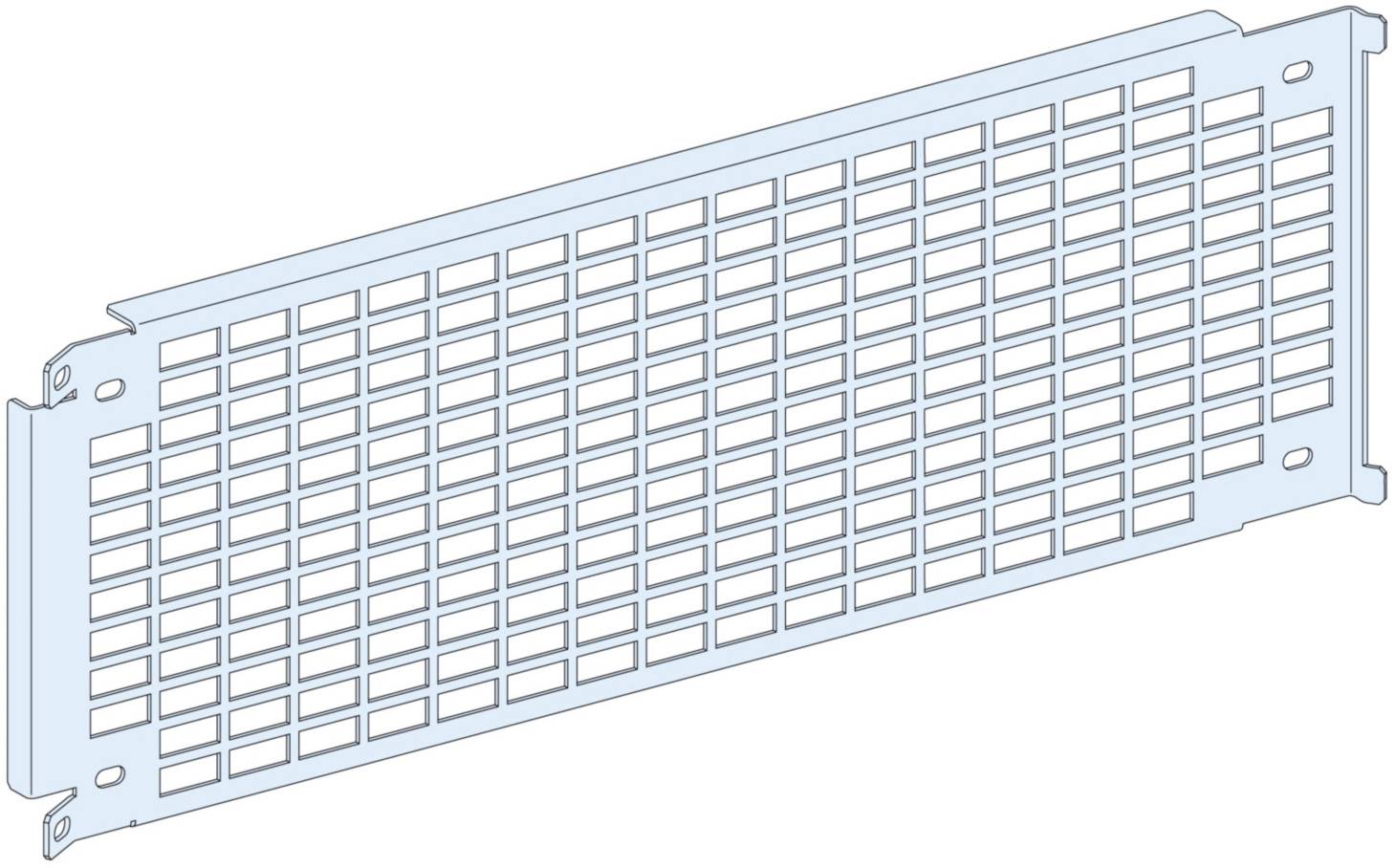 Couverture métallique avec des fentes de ventilation, adaptée à l'installation dans des boîtiers techniques pour la ventilation et la protection des composants internes.