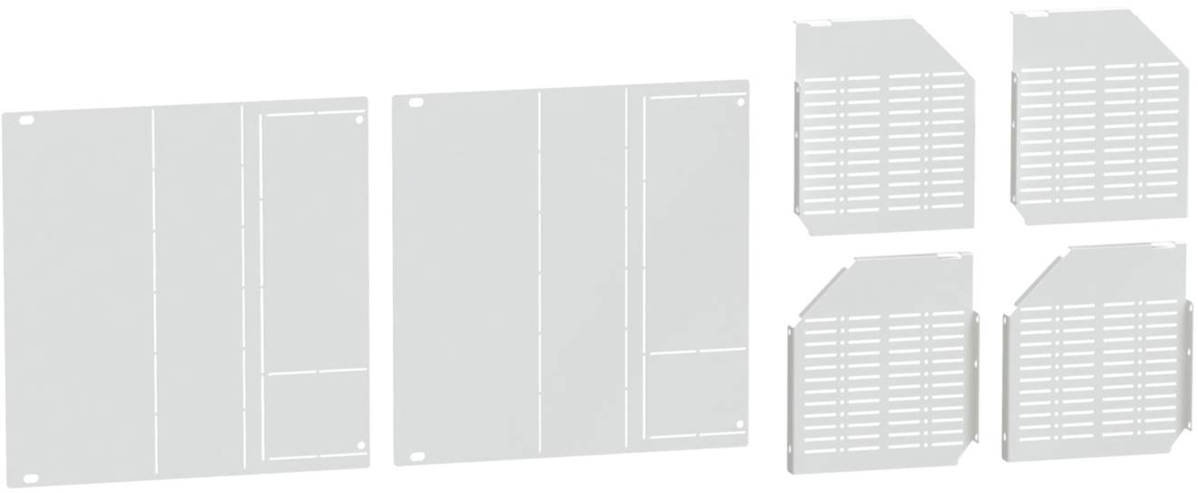 Six plaques métalliques grises rectangulaires avec différentes configurations de trous et de fentes. Deux grandes plaques à gauche, quatre plus petites à droite.